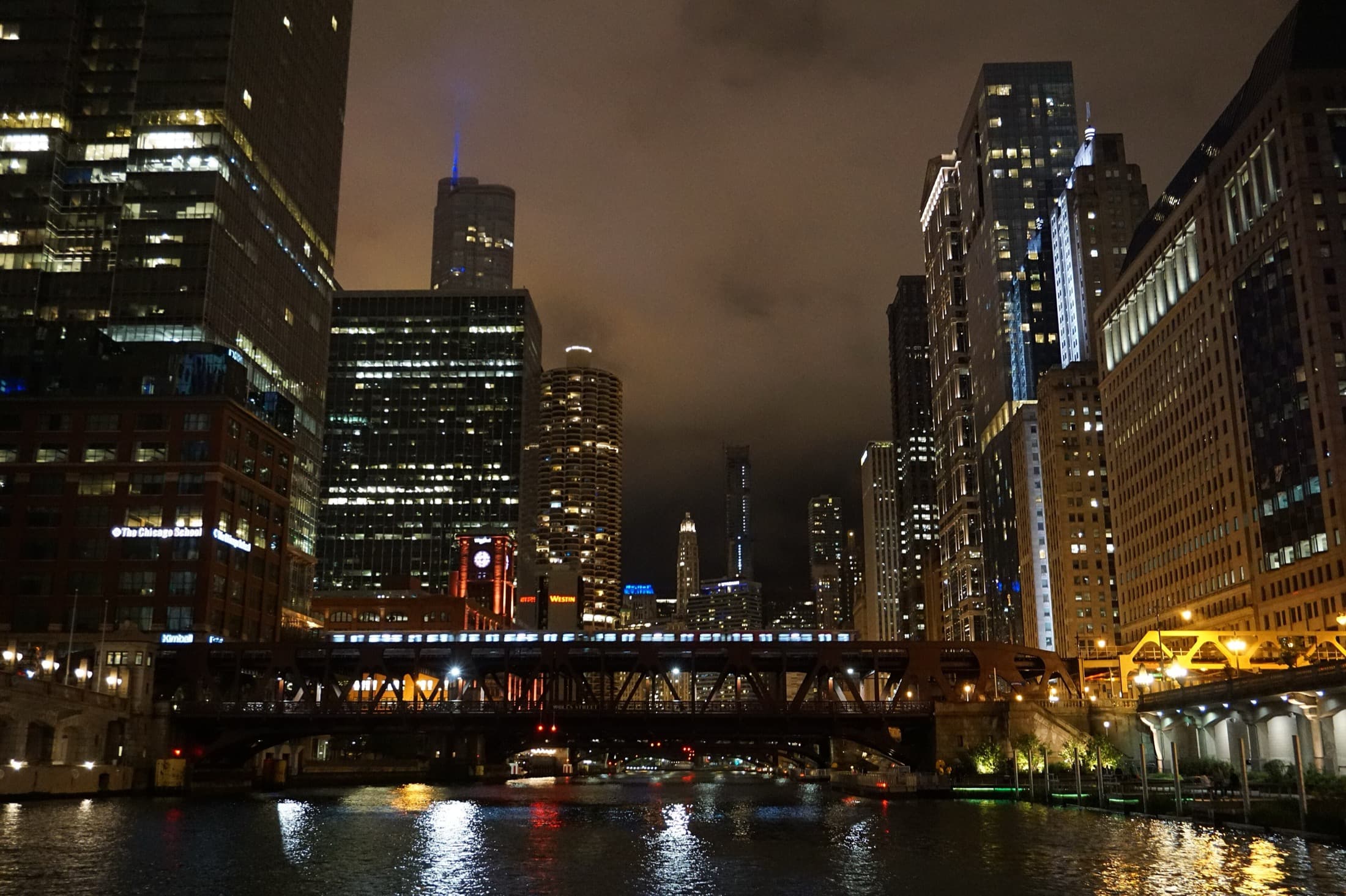 The Chicago River and downtown skyline at night